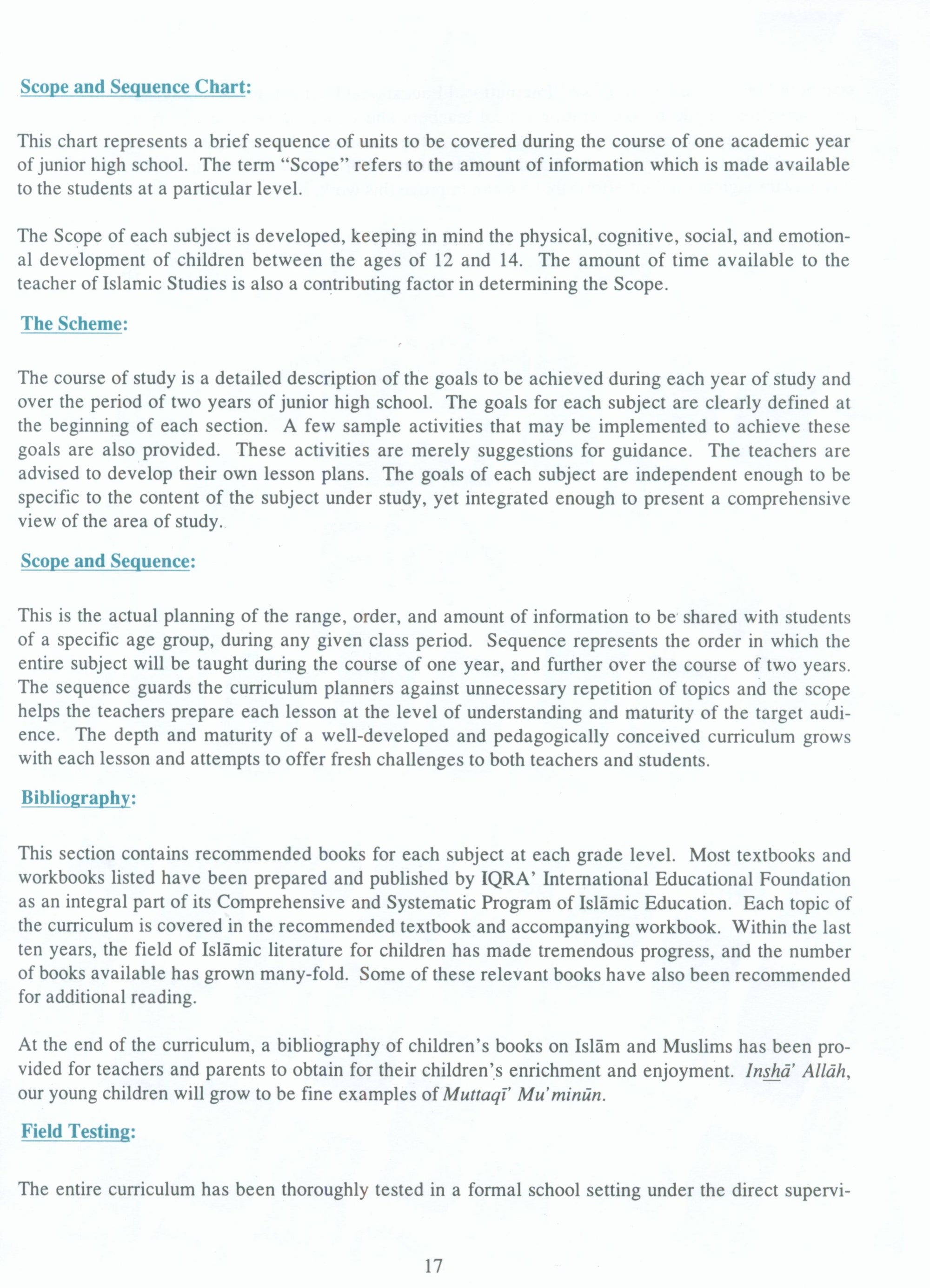 IQRA' Junior High School Curriculum for Islamic Studies - Grades 7 & 8