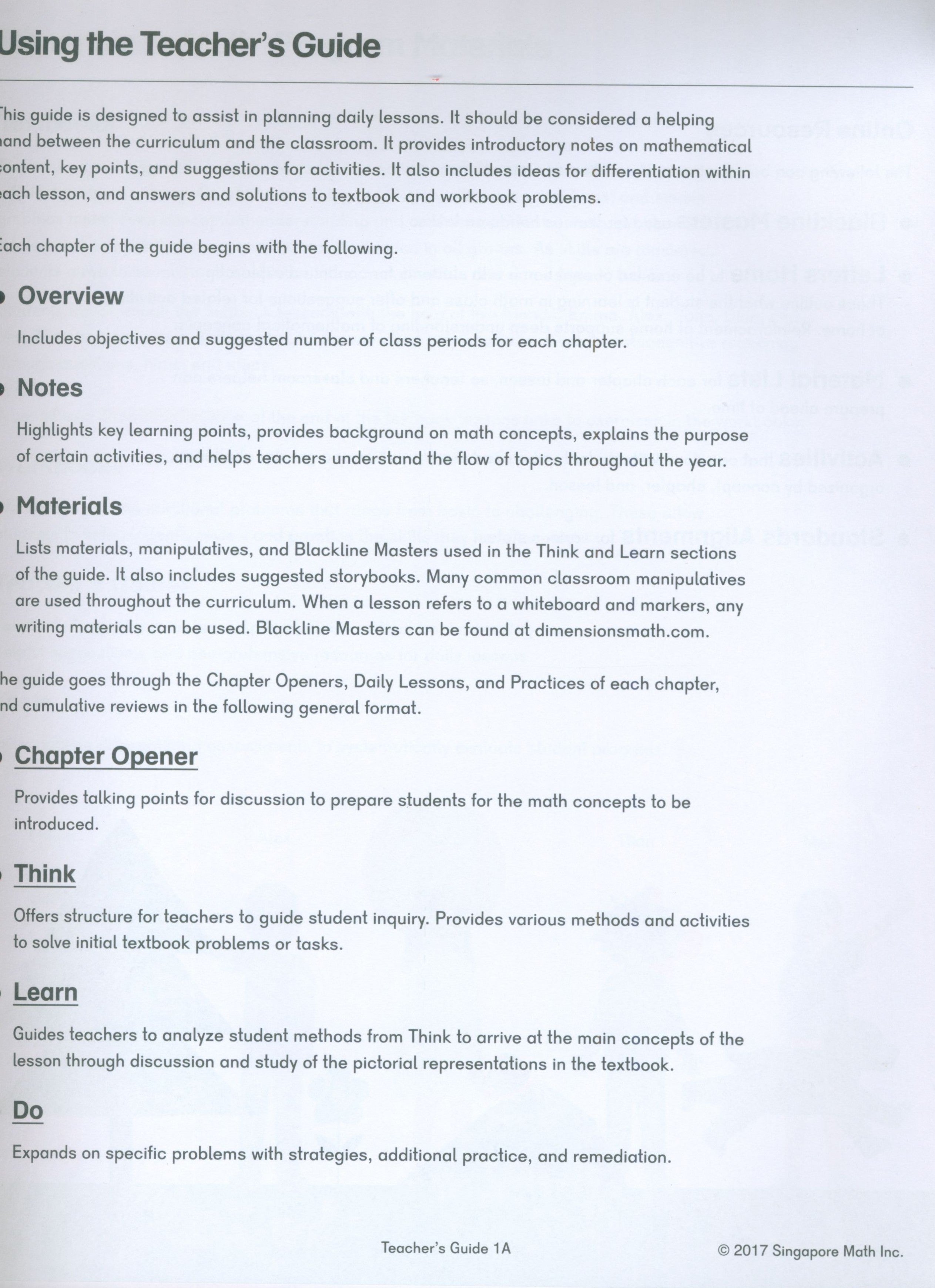 Dimensions Math Teacher's Guide 1A