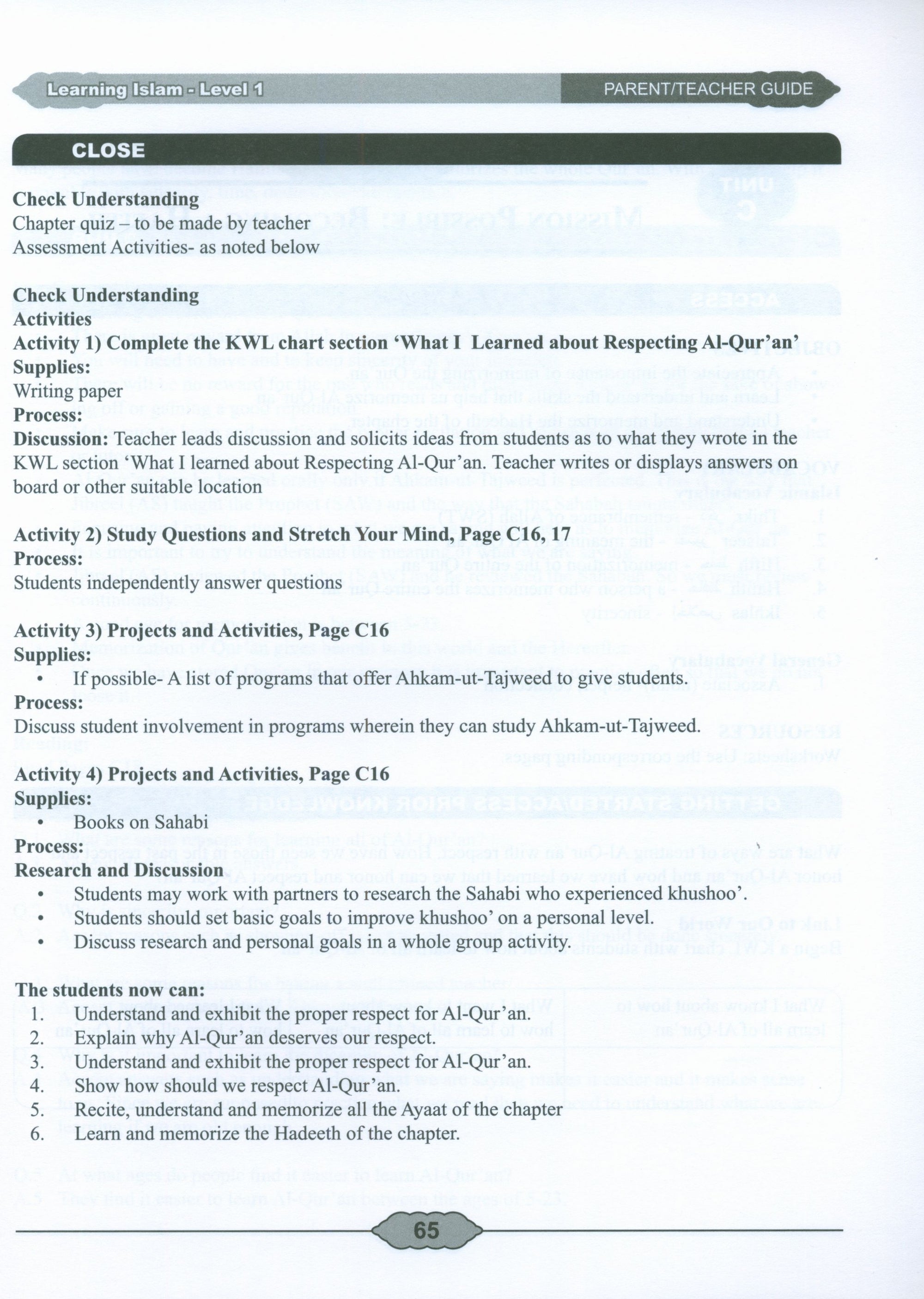 Learning Islam Weekend Edition Teacher / Parent Guide Level 1 (7th Grade)