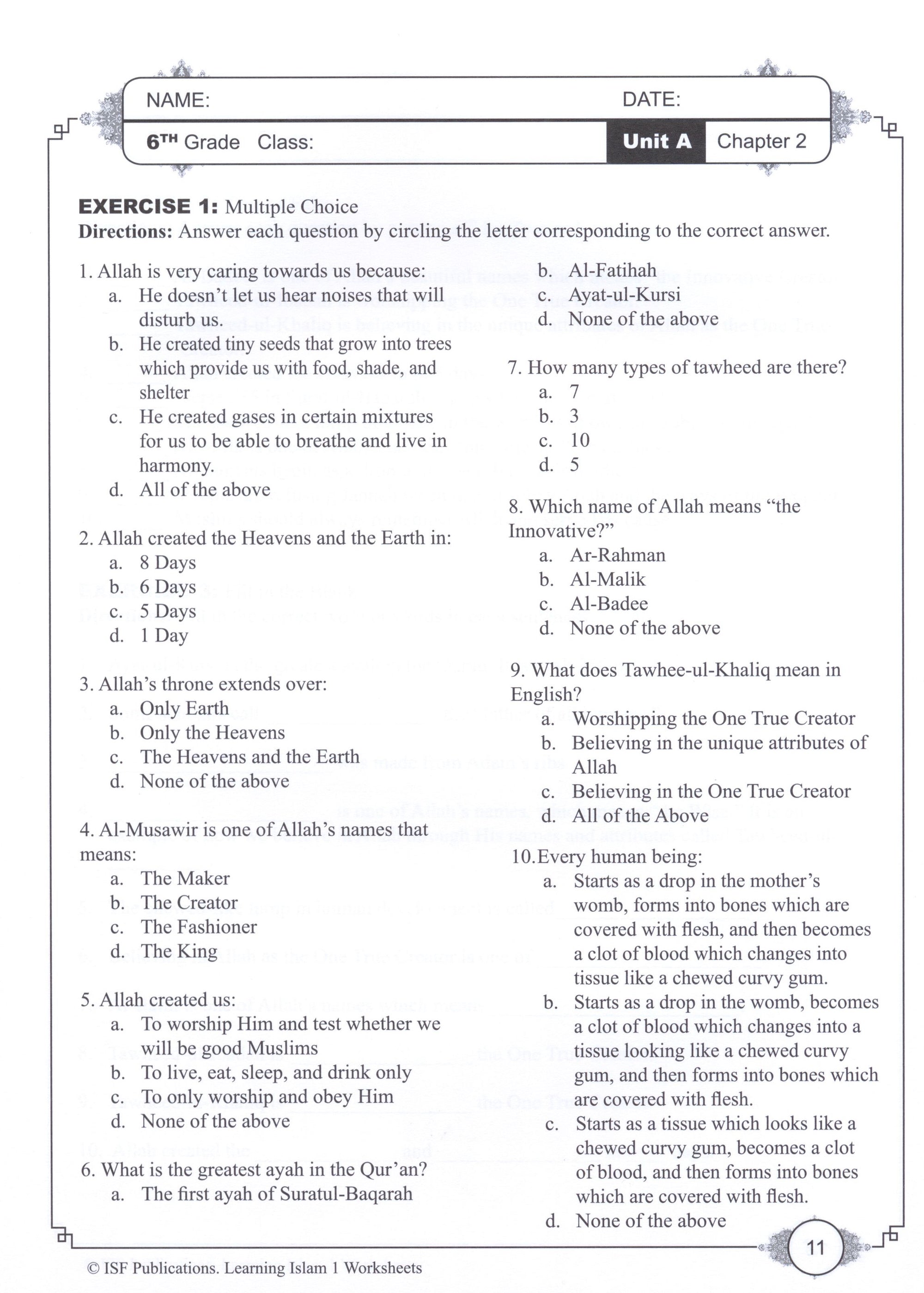 Learning Islam Workbook Level 1 (6th Grade)