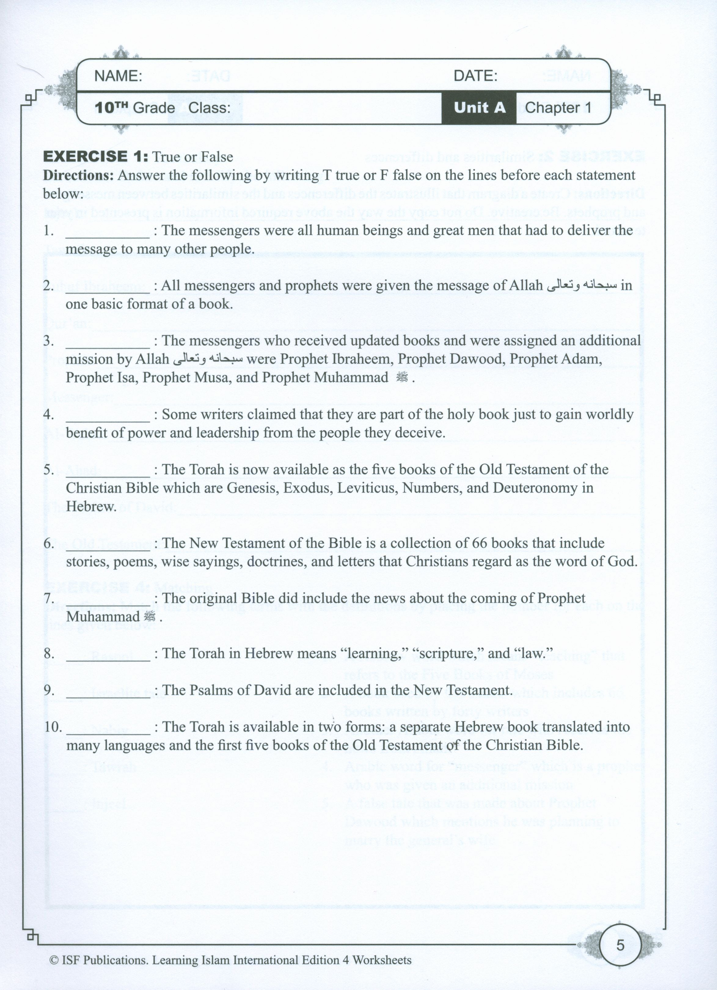 Learning Islam Weekend Edition Worksheets Level 4 (9th Grade)