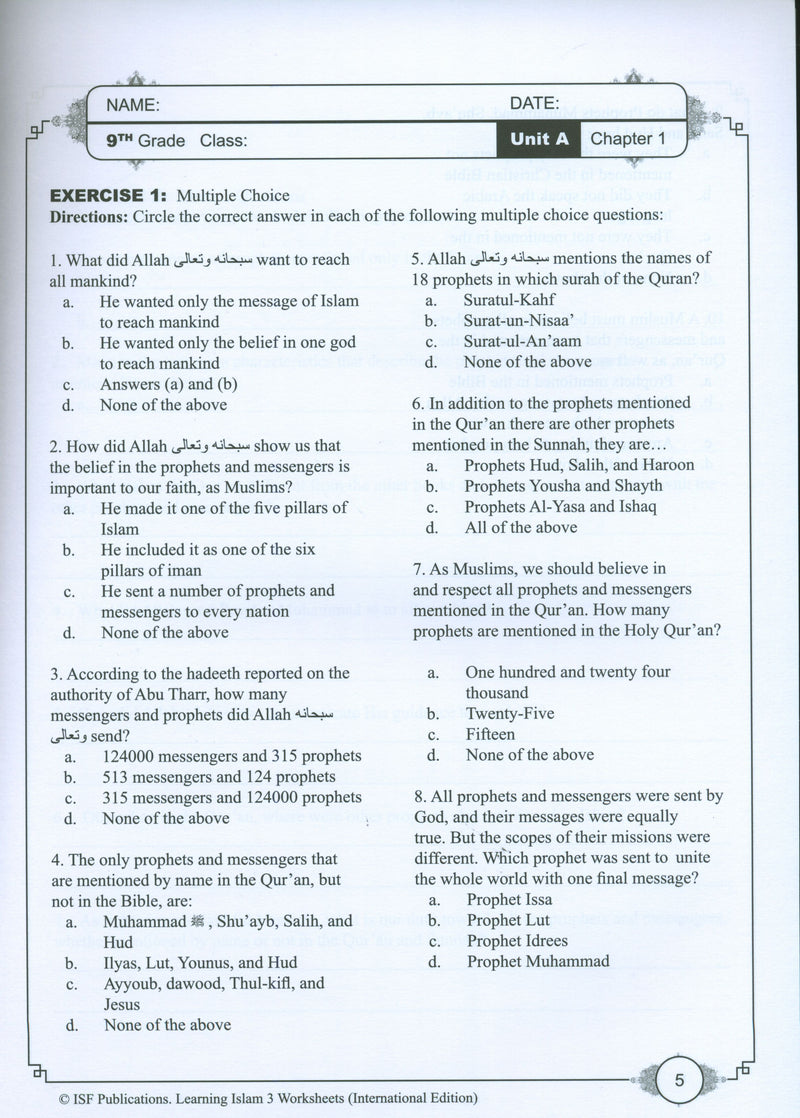 Learning Islam Weekend Edition Worksheets Level 3 (8th Grade)