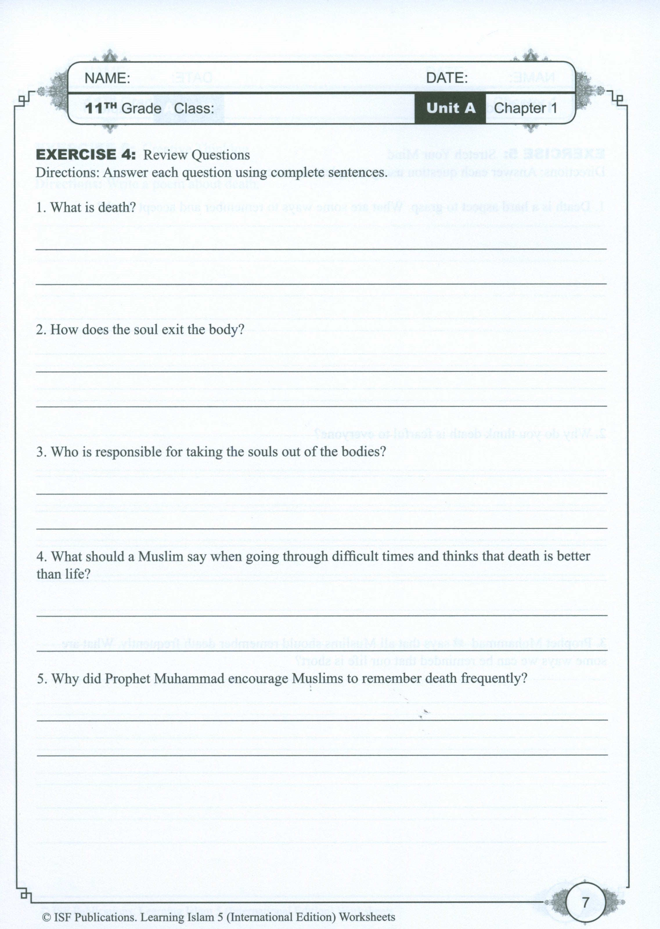 Learning Islam Weekend Edition Worksheets Level 5 (10th Grade)