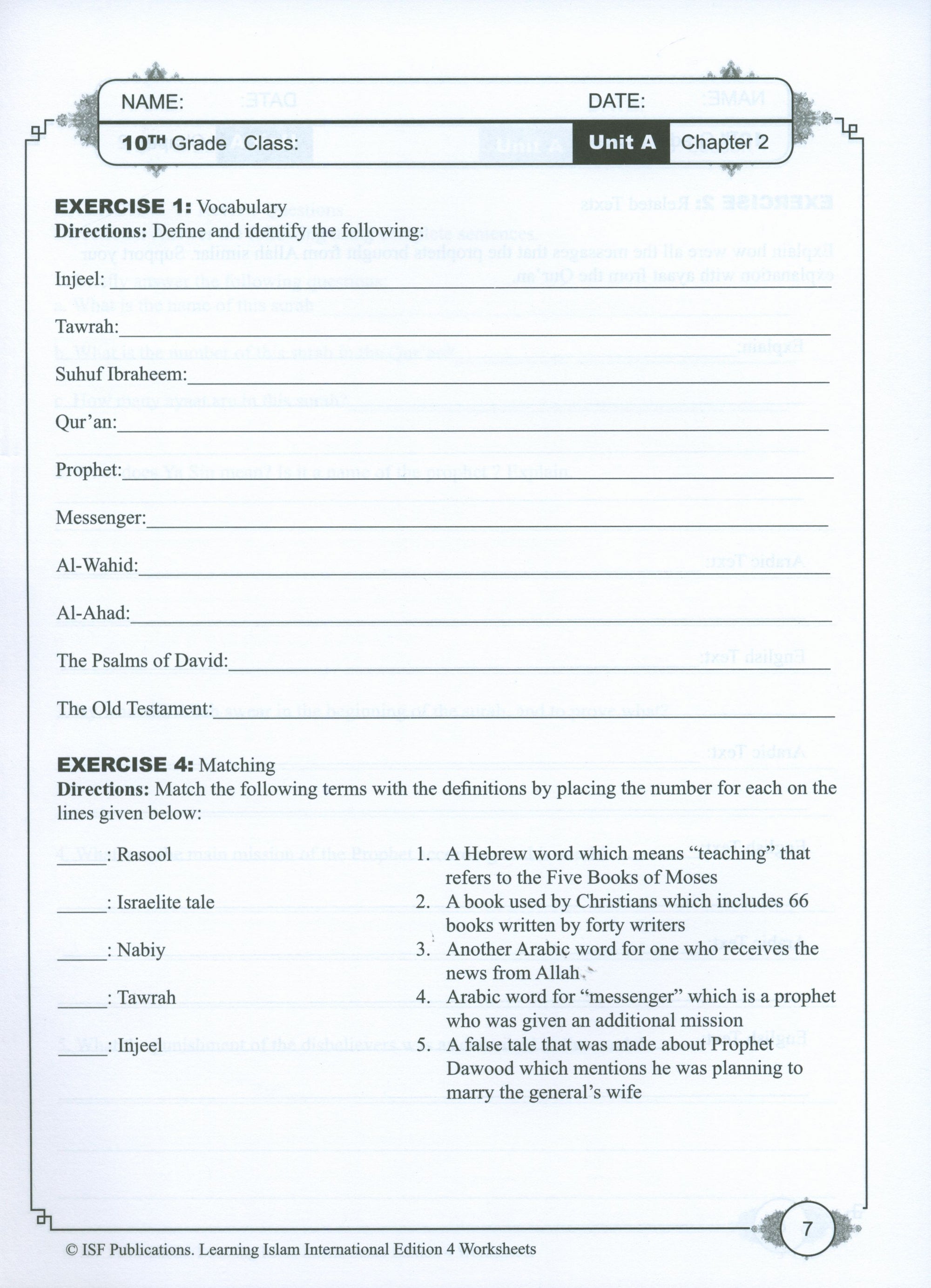 Learning Islam Weekend Edition Worksheets Level 4 (9th Grade)