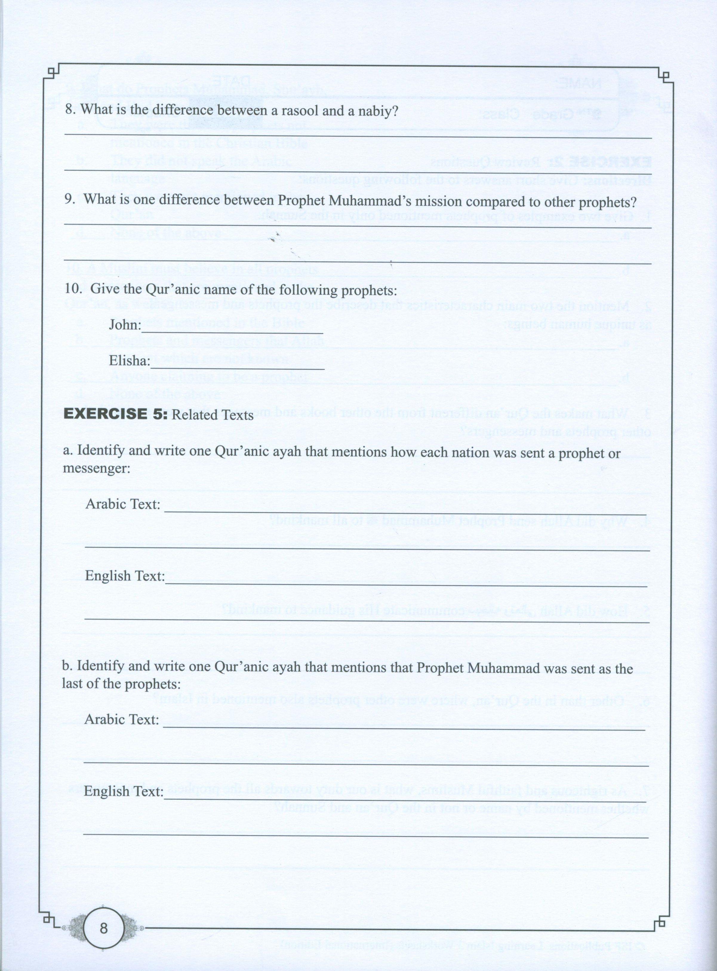 Learning Islam Weekend Edition Worksheets Level 3 (8th Grade)