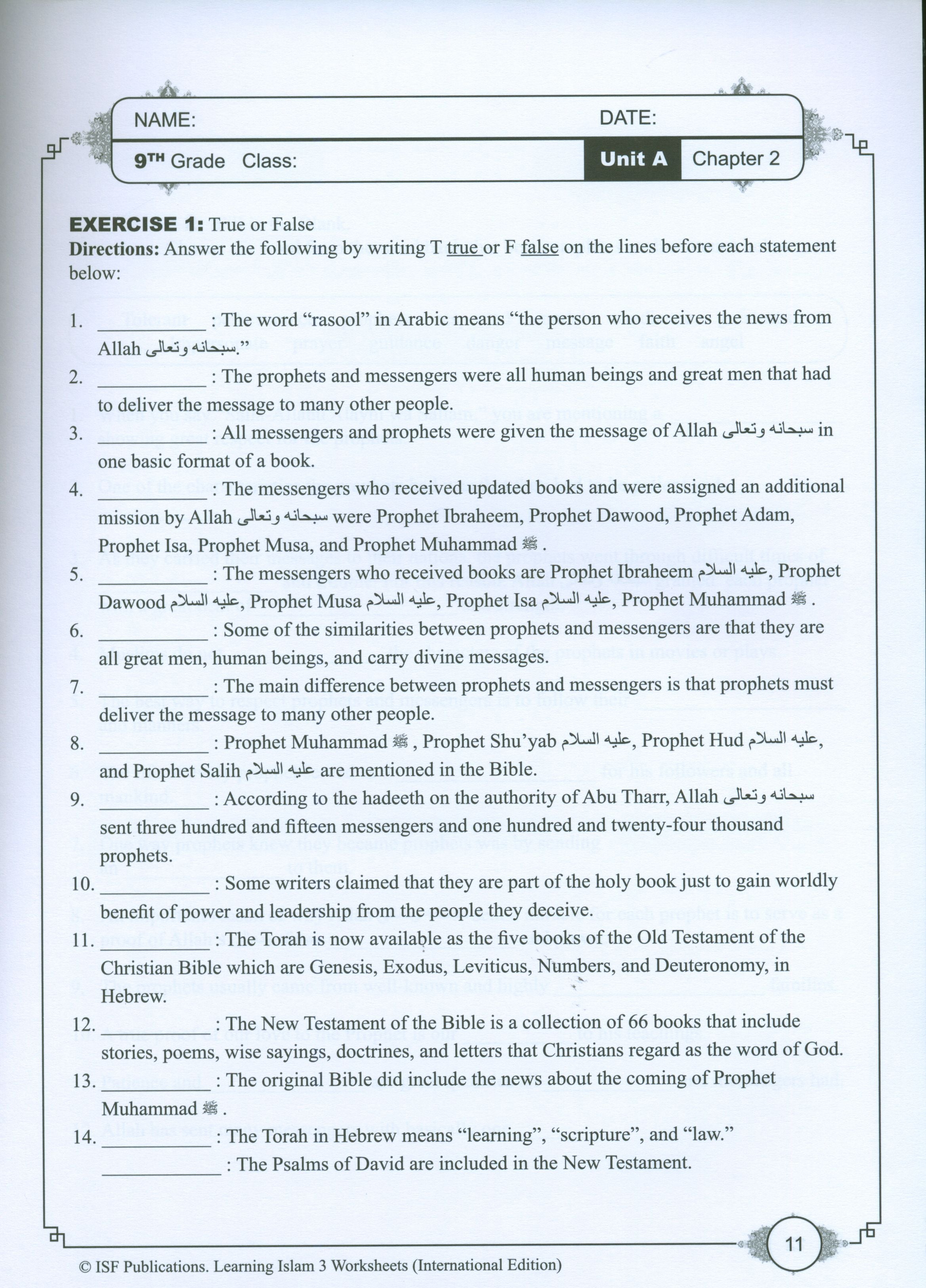 Learning Islam Weekend Edition Worksheets Level 3 (8th Grade)