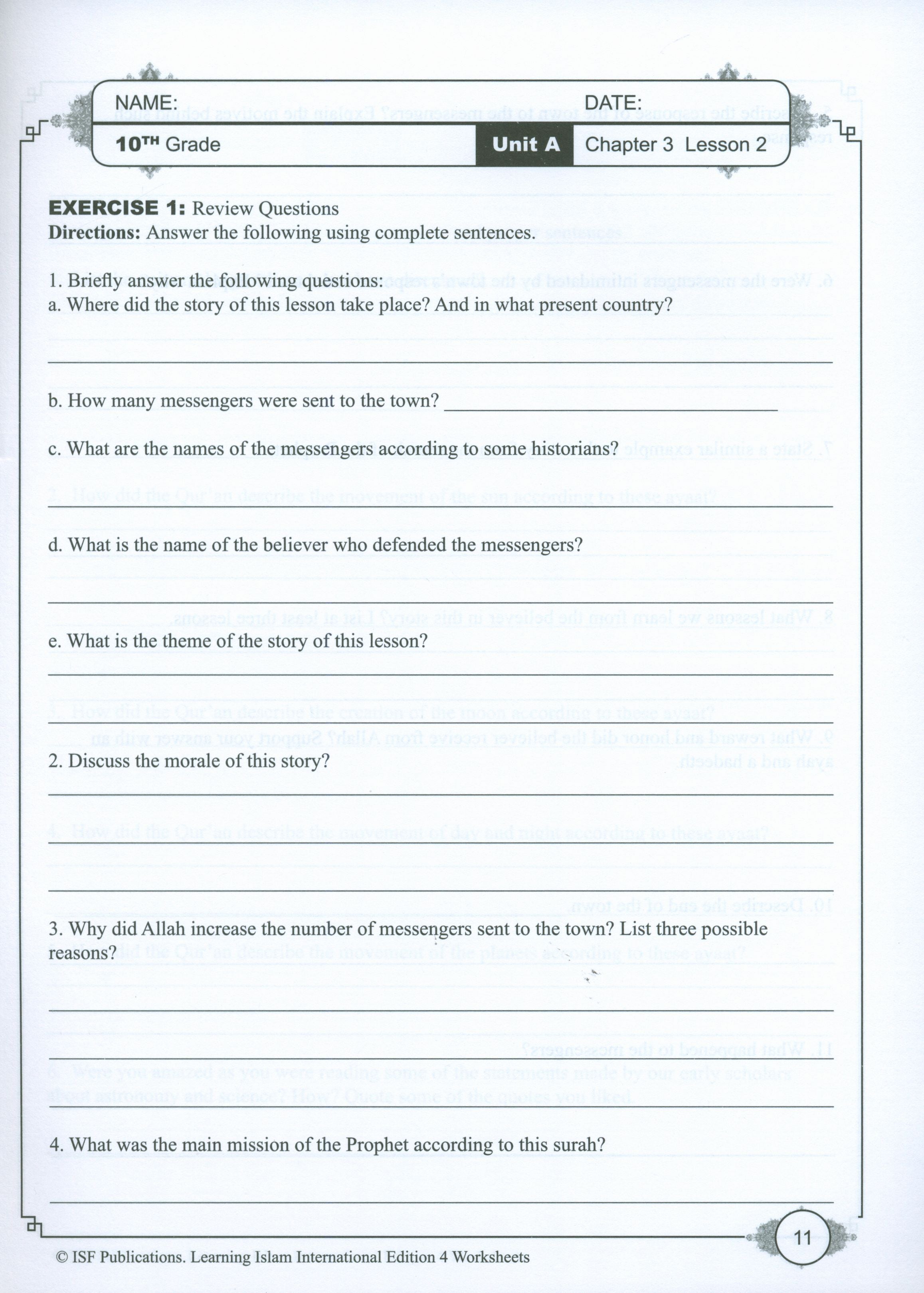 Learning Islam Weekend Edition Worksheets Level 4 (9th Grade)