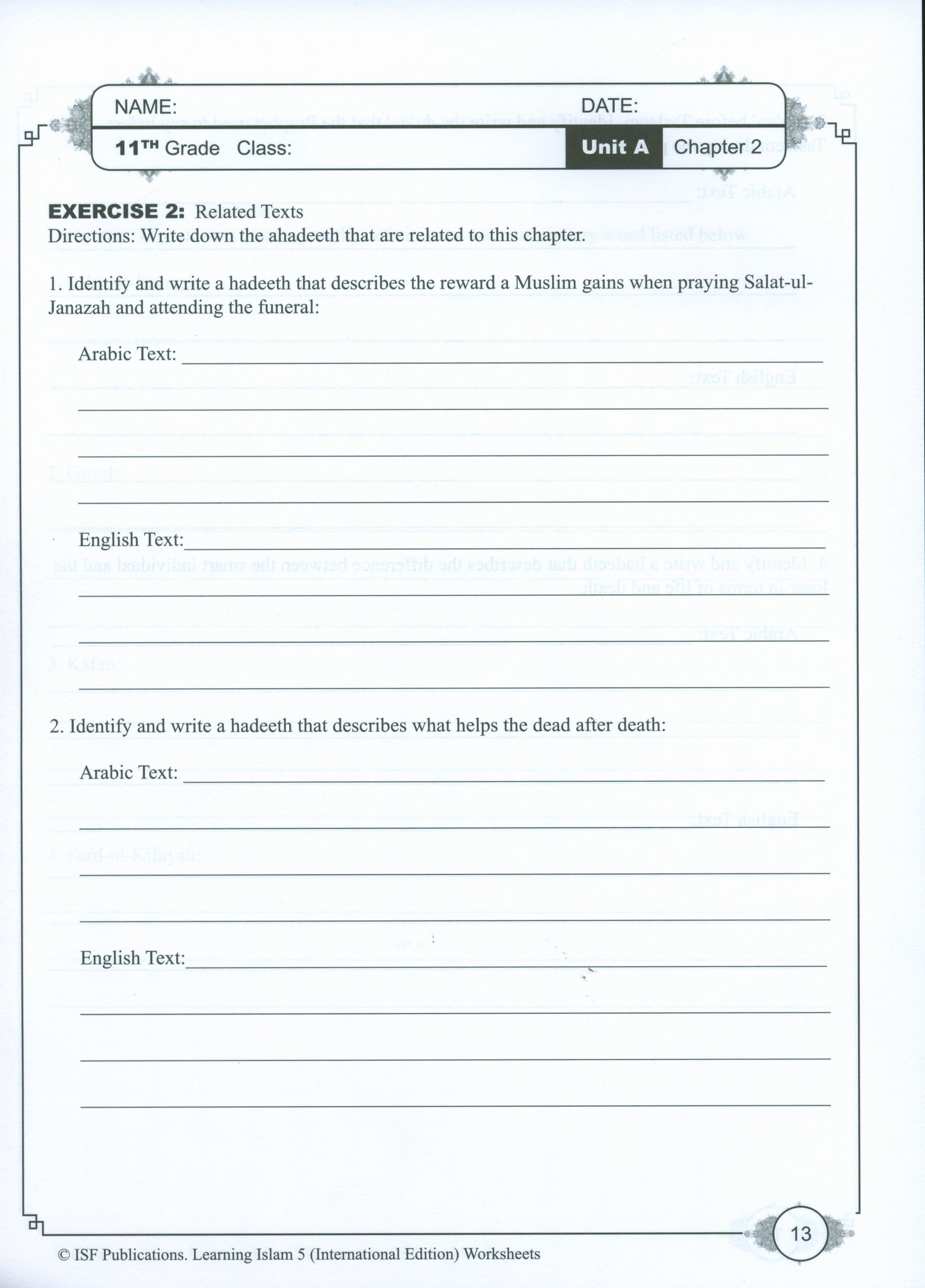 Learning Islam Weekend Edition Worksheets Level 5 (10th Grade)