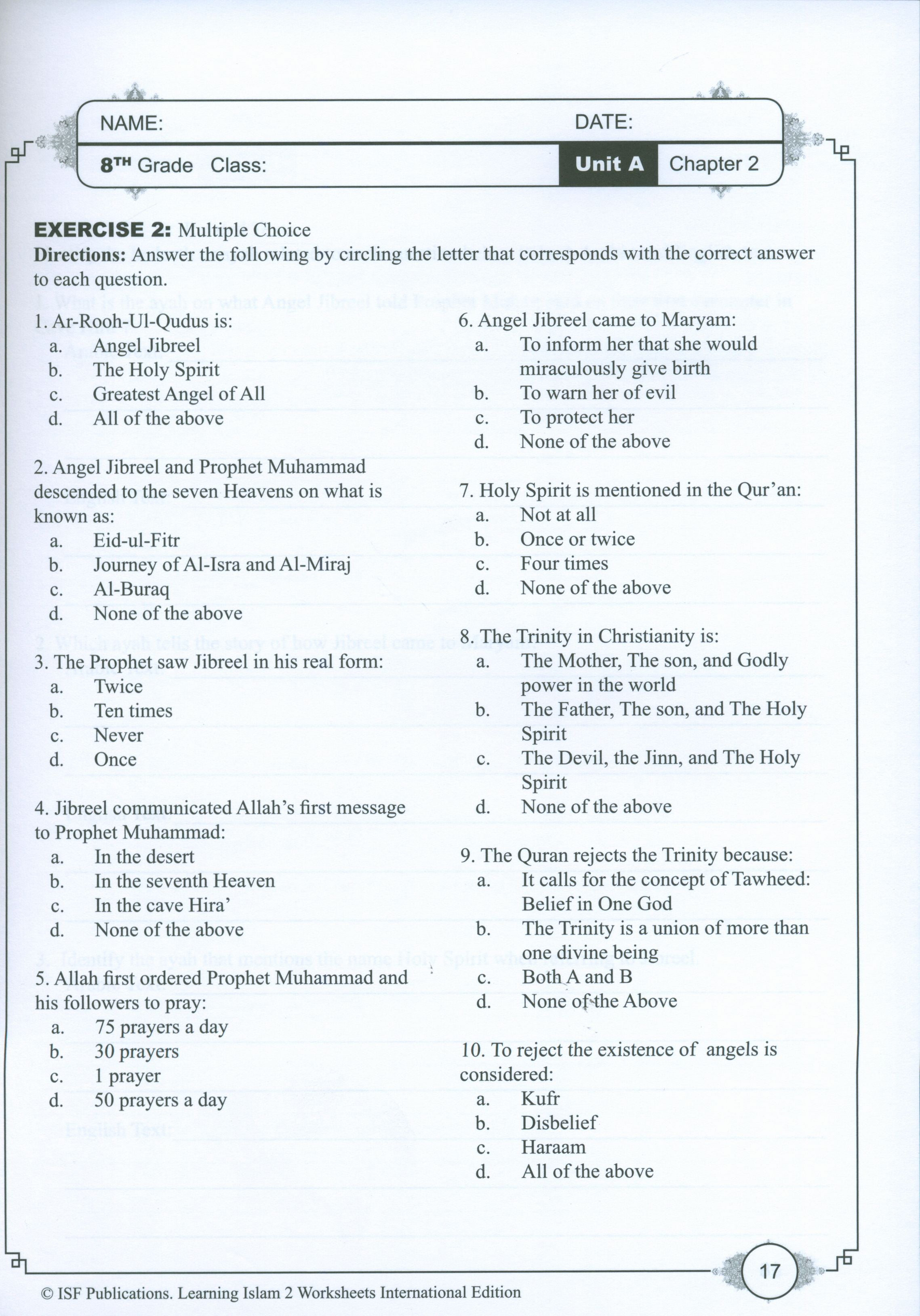 Learning Islam Weekend Edition Worksheets Level 2 (7th Grade)